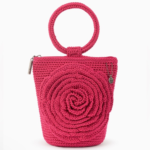 NWT The Sak Ayla Ring Handle Pouch In Crochet Magenta Flower - Picture 1 of 14